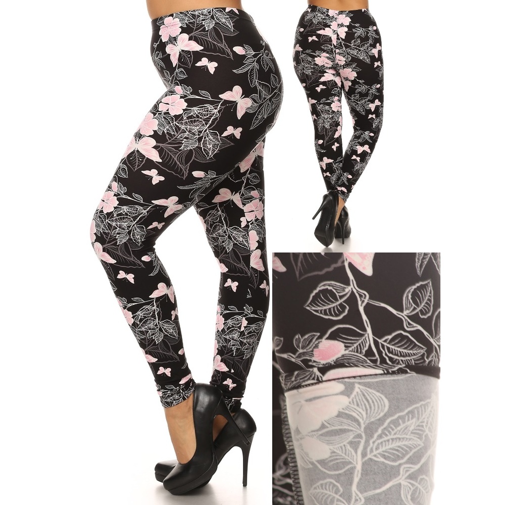 Plus Size Leggings (Black/Pink Butterflies)